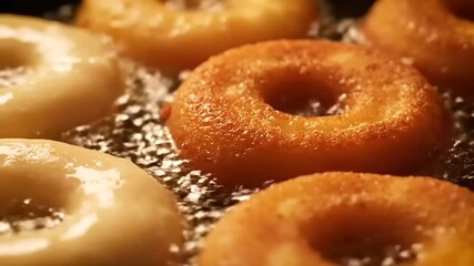 Captivating close-up of delectable ring-shaped sweet pastries transforming into golden-brown treats as they sizzle in bubbling hot oil during the deep frying process