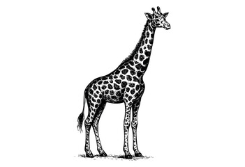 Obraz premium A detailed black and white ink sketch of a giraffe standing majestically on a plain white background, showcasing its unique spotted pattern and long neck.