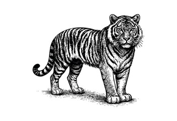 A striking black and white illustration of a tiger standing proudly against a plain white background, rendered in a detailed, sketchy style.