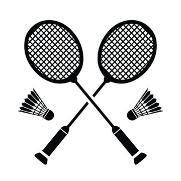 Clean black and white crossed badminton rackets with shuttlecock emblem in minimal flat vector style, modern sports logo icon design, monochrome illustration isolated on white background for brandings