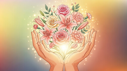 Hands cradling a radiant bouquet of flowers as a symbol of care, gratitude and emotional support, poetic illustration expressing giving, healing and heartfelt appreciation