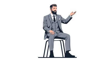 Confident businessman in a suit sits on a stool while gesturing with his hand, conveying authority and leadership.
