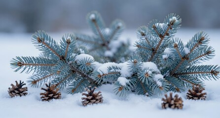 Winter Pine Branches and Cones on Snowy Background