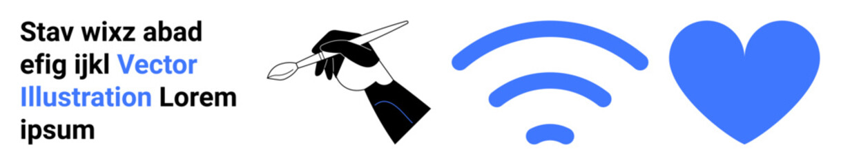 Art and creativity, digital connection, communication, technology, love, graphic design. A hand with a brush, wireless symbol and heart shape. Art and creativity with digital connection © robu_s