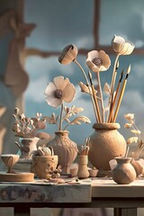 Still life with artistic flowers and vases on a table.