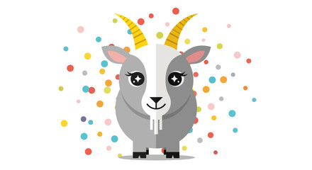Cute cartoon goat with colorful confetti background and playful design suitable for children and