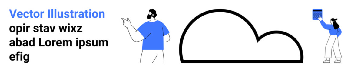 Digital storage, teamwork, online connectivity, data sharing, communication, cloud computing. Stylized people interacting with a black cloud outline. Digital storage and teamwork concept