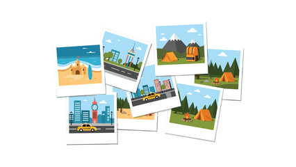 Collection of vibrant instant photos depicting various travel destinations and outdoor activities, showcasing cityscapes, beaches, and camping scenes.