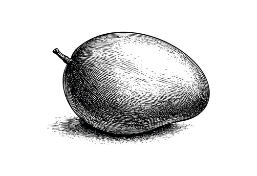 A detailed, retro-style black and white line drawing of a single ripe mango isolated on a white background, perfect for food or vintage themes.