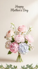 Delicate Mother&rsquo;s Day greeting card with soft pastel flower bouquet and elegant handwritten lettering, airy vertical floral composition expressing gratitude and gentle love