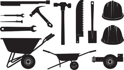A collection of construction tools, rendered in a striking, high-contrast silhouette style. Each tool, from hammers to shovels and wheelbarrows, is isolated, offering versatility for design projects.
