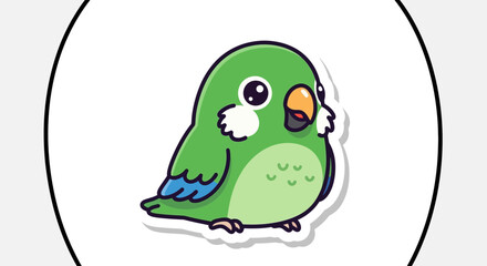 Cute cartoon green parrot with big expressive eyes and colorful feathers standing on a white