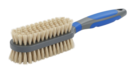 Vibrant blue and grey scrub brush with stiff beige bristles, angled on transparent background, studio lighting