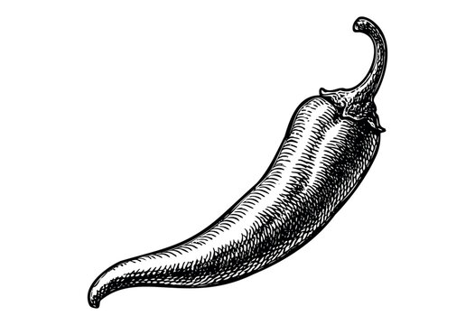 A detailed black and white sketch of a single chili pepper with a textured surface and a curved stem, isolated on a clean white background.