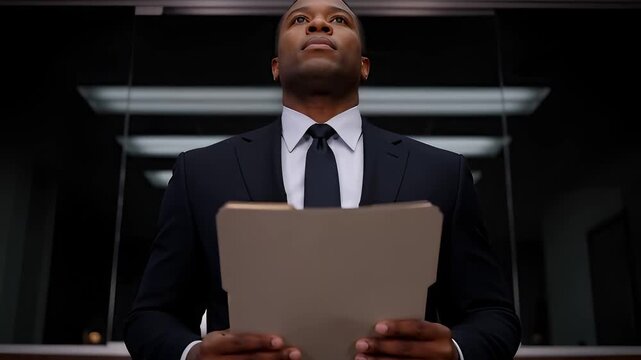 African American businessman closes folder and looks up with determination