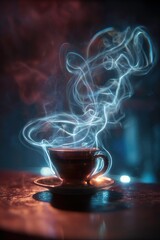 Steaming beverage cup and saucer with swirling vapor trails.