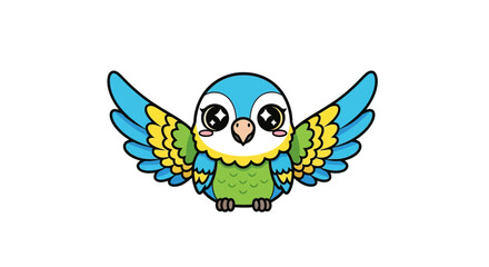 Cute cartoon parrot with expressive eyes and colorful wings on a plain white background