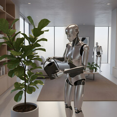 humanoid robot watering plants