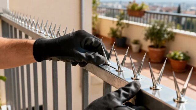 Medium shot focused on hands inspecting the installation of bird deterrent spikes on a balcony railing showcasing maintenance and protection.