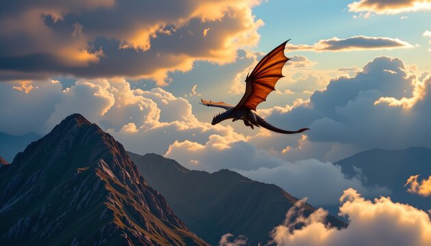 A fantasy themed digital artwork showcases a mythical dragon soaring above a mountainous landscape under a cloudy sky with dramatic lighting effects suggesting either dawn or dusk.