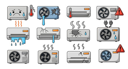 Set of broken air conditioning units with various failure symptoms icons.