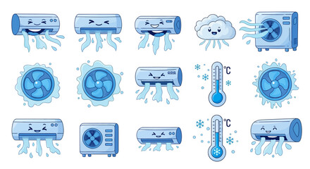 A collection of cute cartoon air conditioners, fans, and thermometers illustrating cooling and cold temperatures.