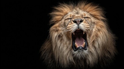 Powerful lion roaring with mouth wide open front portrait