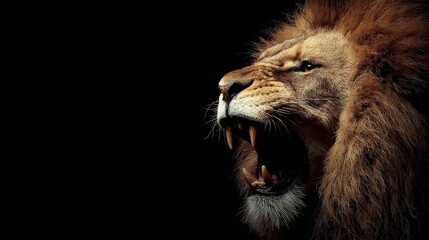 Majestic lion roaring in profile against black background