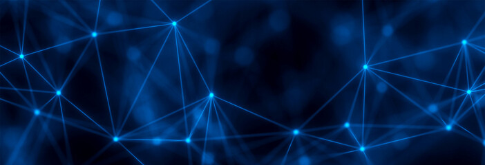 Abstract Blue Technology Network Background with Glowing Nodes for concepts of digital network, data communication, artificial intelligence, cybersecurity, blockchain, cloud computing, and global conn