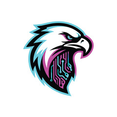 Obraz premium A fierce and aggressive eagle mascot head with vibrant cyan and orange accents ready for esports on white background.