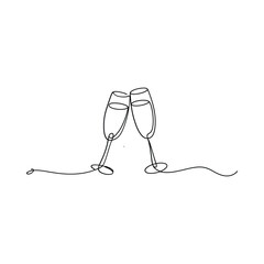 Obraz premium Elegant line art depicts two champagne glasses toasting in a minimalist style