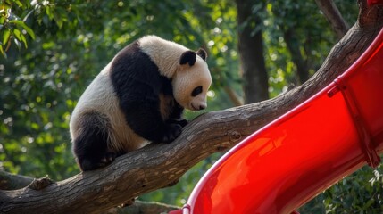 Fototapeta premium Panda climbing tree near red slide
