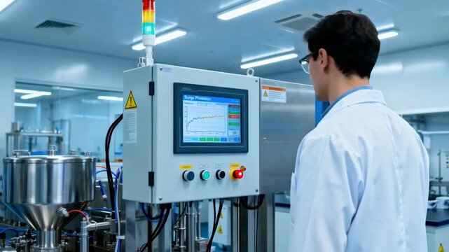 Engineer monitors surge protection system on digital display in a modern laboratory ensuring continuous operational safety and equipment longevity.