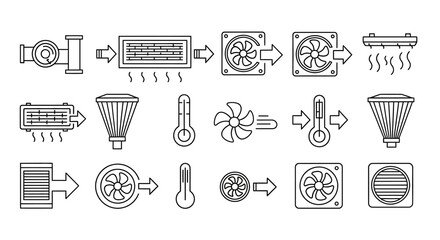 Collection of line icons illustrating various components and processes of HVAC systems, including ventilation, heating, cooling, and air filtration.