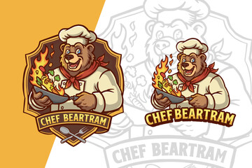 Chef Bear Mascot Logo Vector. Friendly Grizzly Character Cooking with Flaming Wok Pan. Professional Culinary Emblem for Restaurant, Catering, Cafe, Food Truck, and Kitchen Branding Design.