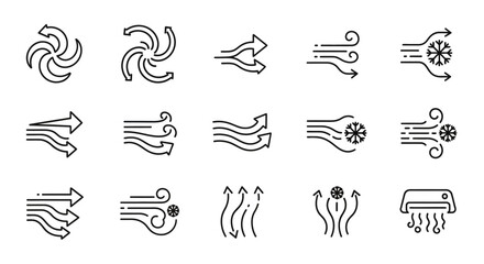 Set of linear vector icons illustrating different airflows, ventilation, and climate control concepts, including fans, wind, and air conditioning units.