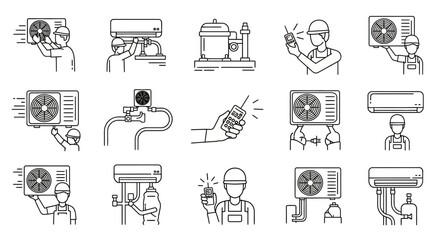 Air conditioning installation and repair service line icons set, showing technicians working on AC units, tools, and maintenance processes.