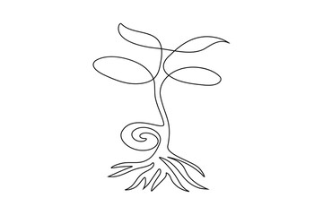 Continuous one  line drawing of a small plant sprout from a seed on white background