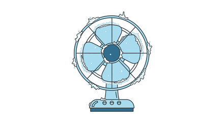 A blue desk fan covered in ice and snow, illustrating a cold or winter concept.