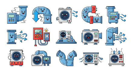 A collection of cute cartoon HVAC system components including air ducts, fans, and air conditioners with expressive faces, illustrating ventilation and climate control.