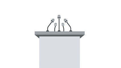 Empty podium with multiple microphones set up for a press conference or public speaking event, ready for announcements.
