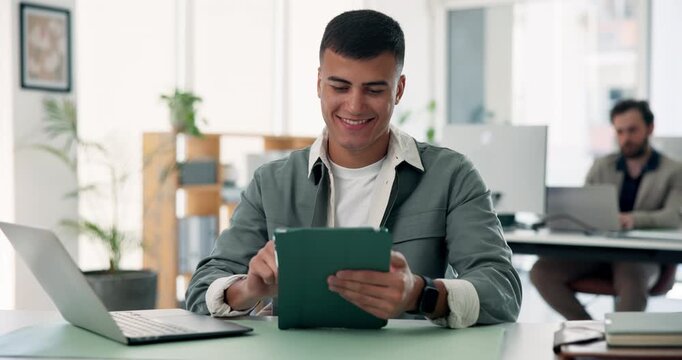 Media agency, thinking and man in workplace, tablet and planning with website blog. Person, copywriting and journalist with smile, tech and magazine editor with submission, review or online article