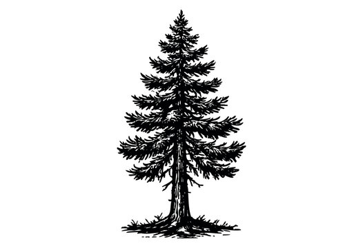 A stylized black ink drawing of a tall, slender pine tree with detailed needles and trunk, isolated on a clean white background, perfect for graphic design and nature themes.