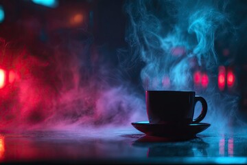 Steaming beverage in a dark, atmospheric setting.