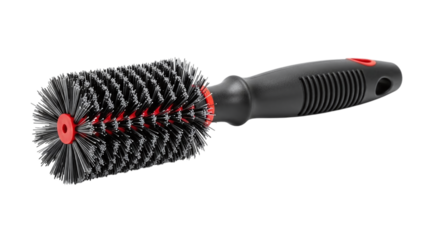 Black and red hair brush with bristles, isolated on transparent background with studio lighting, showcasing vibrant colors and detailed texture in a