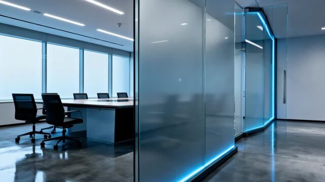 Medium shot of switchable privacy glass actively changing opacity in a modern meeting room delivering privacy on demand for confidential discussions.