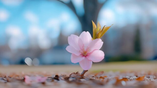 pink flower close up blooming from ground in park soft daylight low angle macro with bokeh background real time spring b roll