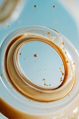 Abstract swirl of liquid with droplets and light background.