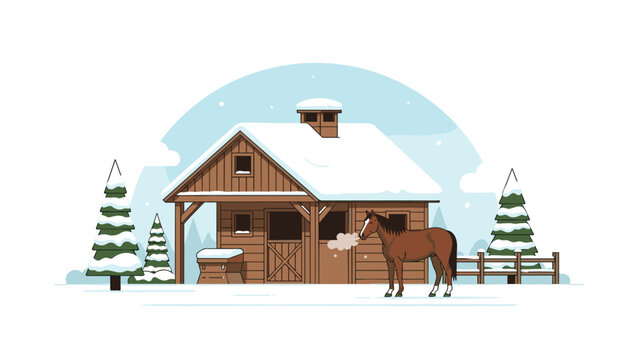 Winter scene depicts a cozy barn with a snow covered roof and a brown horse breathing visible vapor in a frosty landscape.