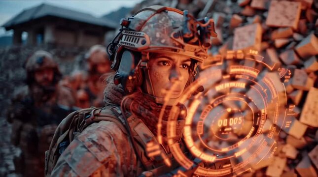 Diverse military team, one woman leading, night scene collapsed building after disaster, map holographic tactical projections, planning rescue defense operations, cinematic teamwork and strategy, 4K